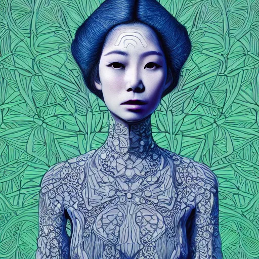 Image similar to the portrait of an unbelievably beautiful, elegant, and sophicated young japanese woman partially made of broccoli, an ultrafine detailed illustration by james jean, intricate linework, bright colors, final fantasy, behance contest winner, vanitas, angular, altermodern, unreal engine 5 highly rendered, global illumination, radiant light, detailed and intricate environment