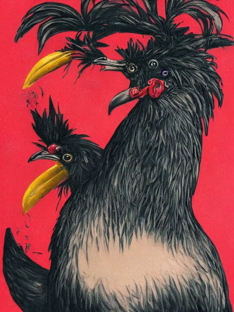 Prompt: close up portrait of a cute Black Chicken with a red comb, smoking, cybercannabis vibes, style of tattoo by Norman Rockwell