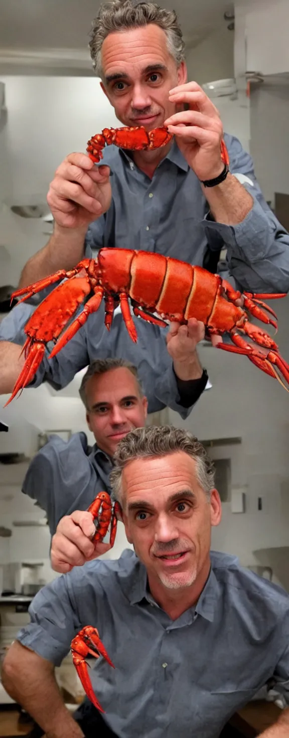 Image similar to jordan peterson holds lobsters in his hands and there are medical pills covering the floor