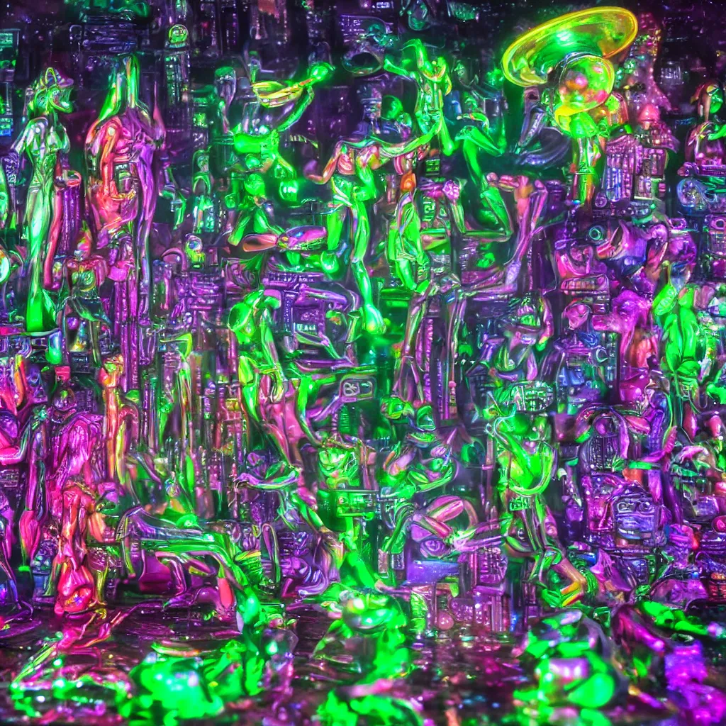 Prompt: detailed plasticine wet shiny aliens in front of a diorama of nyc and crystal, moonlit, mirrors, camera angled dramatically, realistic, neon lasers, motion picture, anime eyes and lips