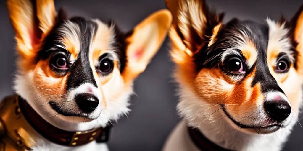 Image similar to a zeiss 8 5 mm f 1. 4 close up photo of a cute steampunk corgi puppy shot by steven mccurry