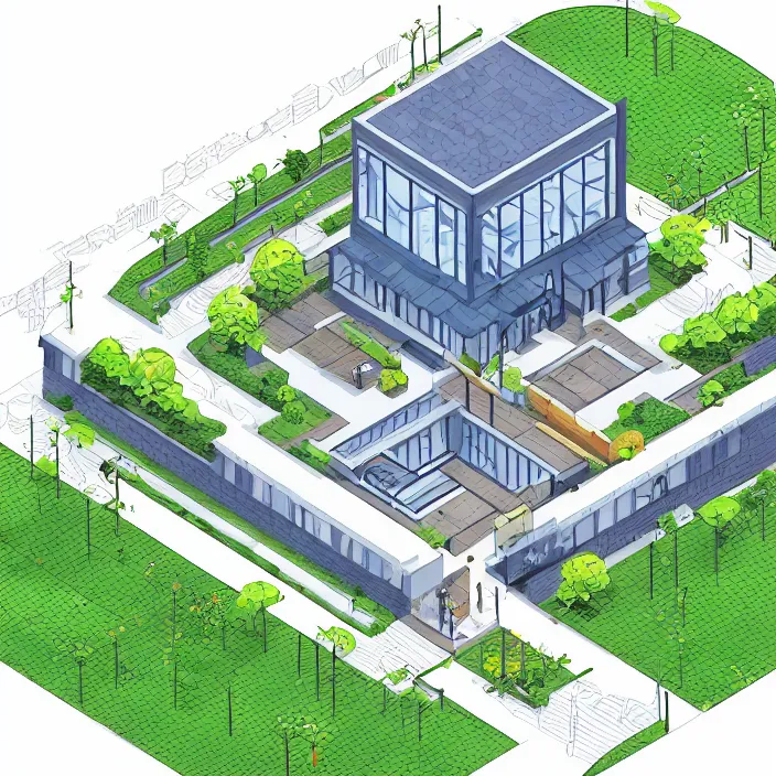 Image similar to a building in a serene landscape, isometric