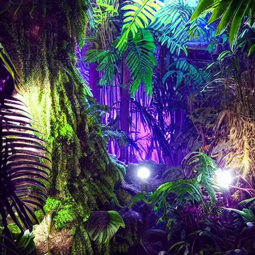 Image similar to « detailed, low luminosity jungle, far view, luminescent plants »