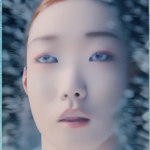 Image similar to a instax photo of fuji mountain, a tall japanese girl in a transparent sheer fabric dress against the background of fuji mountain, severe snow, full body shot, perfect symmetrical body, perfect symmetrical face, coherent symmetrical eyes, hyperrealistic, hyperdetailed, octane render, 8 k