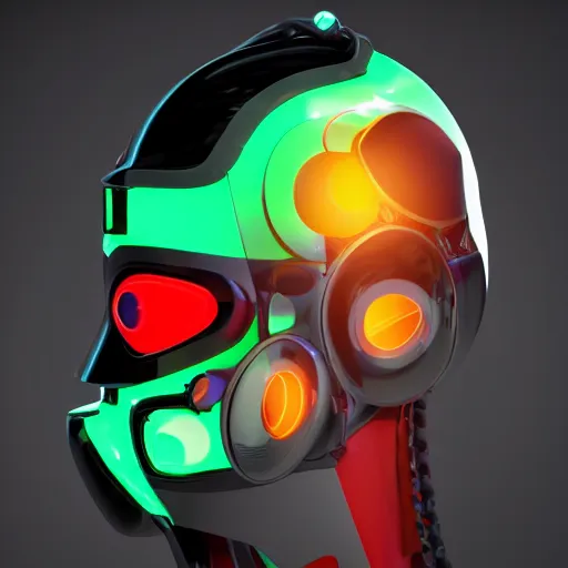 Image similar to a glossy claymodel of a cyberpunk aztec futurism robot head with glowing headphones, 8 k, symetrical, flourescent colors, halluzinogenic, multicolored, very detailed, black background, 3 d render,