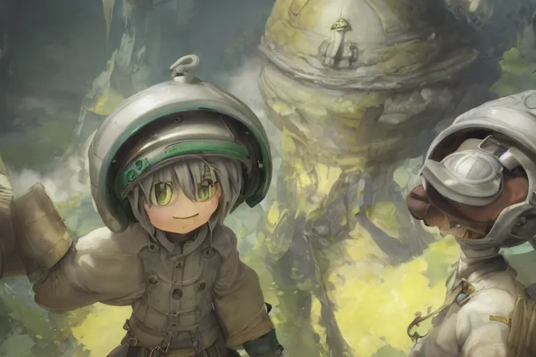 Prompt: made in abyss concept art riko reg yellow hair pith helmet extra detailed faces and green eyes smiling wlop James Jean Marc Simonetti Ruan Jia and Mandy Jurgens and Artgerm and William-Adolphe Bouguerea trending on artstation hyperdetailed Unreal Engine 4k 8k ultra HD