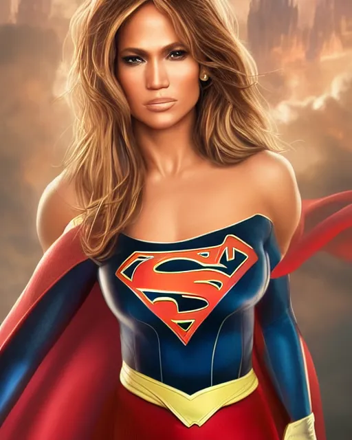 Prompt: 5 5 mm portrait photo of jennifer lopez as supergirl. magical atmosphere. art by artgerm and greg rutkowski. highly detailed 8 k. intricate. lifelike. soft light. nikon d 8 5 0.