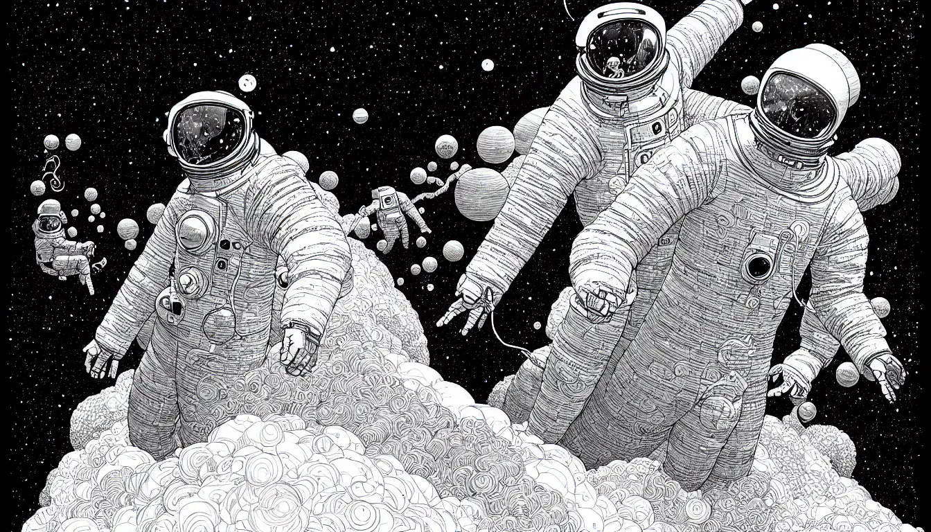 Image similar to floating through space in a space suit by nicolas delort, moebius, victo ngai, josan gonzalez, kilian eng