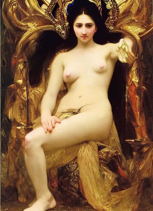 Image similar to oil painting of a portrait of Vulvina, queen of Ecstasy in a large throne room, Hungarian, by Bouguereau, by Georgia o Keeffe, by Gustave Moreau!!!