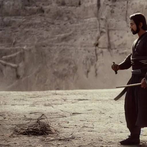 Image similar to handsome and strong kurdish samurai wielding a katana in a movie directed by christopher nolan, movie still frame, promotional image, imax 7 0 mm footage, perfect symmetrical facial features