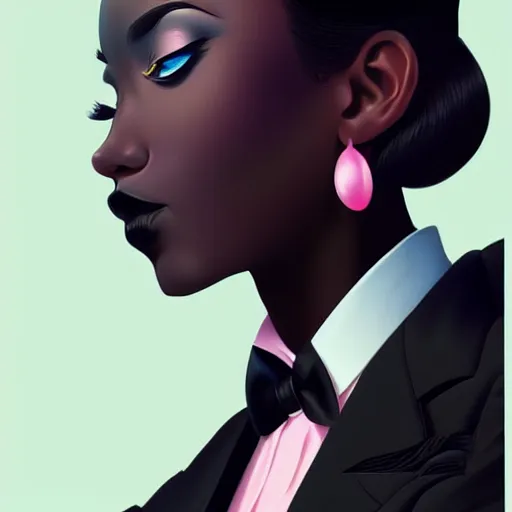 Prompt: young female in black tuxedo, scornful, disdainful, muted colors, matte print, pastel colors, 2d, ultra highly detailed, smooth, sharp focus, digital art, digital painting, fan art, elegant, artstation, head is centered, by Ilya Kuvshinov