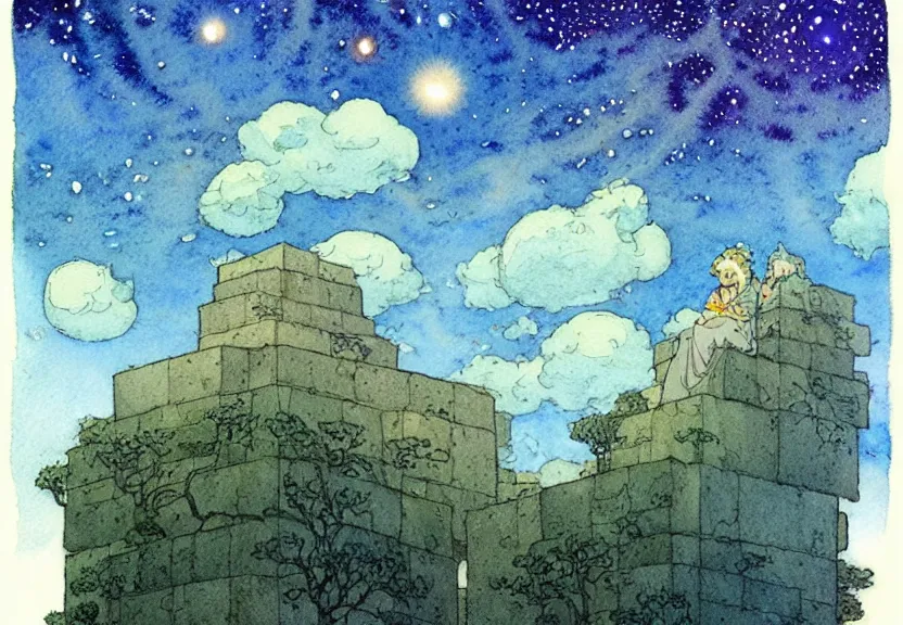 Image similar to a simple watercolor fantasy concept art of a giant grey cube floating in the air. it is a misty starry night. by studio ghibli, rebecca guay, michael kaluta, charles vess