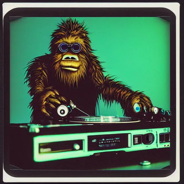 Image similar to a polaroid portrait of an anthropomorphic cyberpunk bigfoot dj at the turntables spinning records, detailed render, tape deck, boombox, headphones, epic composition, cybernetics, 4 k realistic, cryengine, realistic shaded lighting, sharp focus, masterpiece, by matteo scalera, gary montalbano, peter elson in the style of the tokyo ghost comic