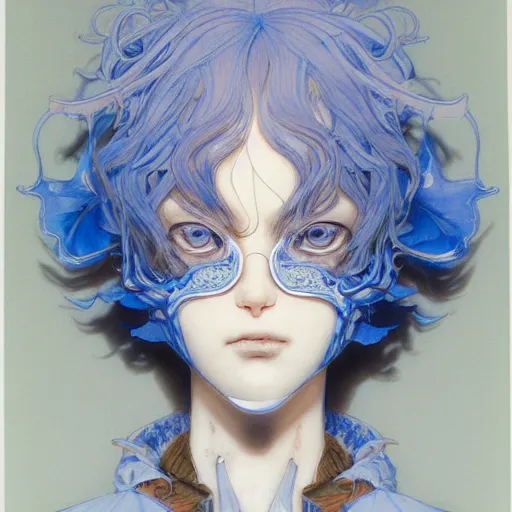 Image similar to prompt : ivory and blue portrait soft light painted by james jean and katsuhiro otomo and erik jones, inspired by evangeleon anime, smooth face feature, intricate oil painting, high detail illustration, sharp high detail, manga and anime 1 9 9 9