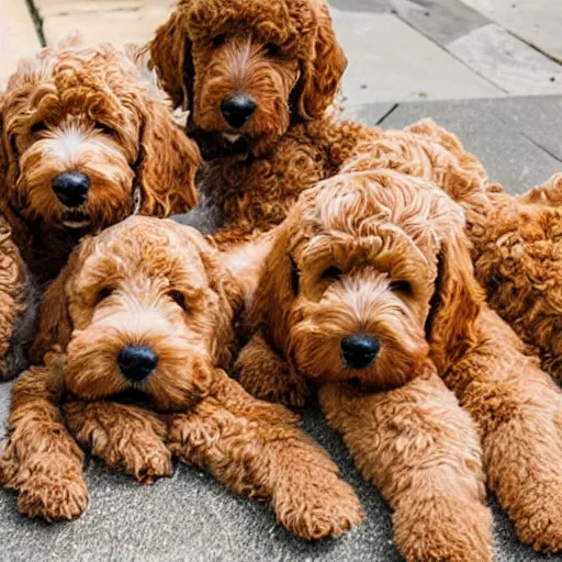 Image similar to a huge pile of 30 golden doodle dogs, photography