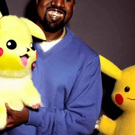 Image similar to kanye west smiling holding pikachu for a 1 9 9 0 s sitcom tv show, studio photograph, portrait c 1 2. 0