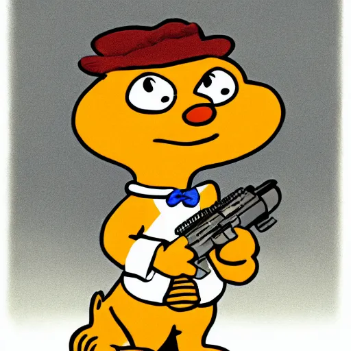 Image similar to Garfield holding a glock, gun,