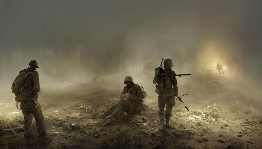 Image similar to beautiful digital painting of a lone survivor, one soldier after his squad killed in action in a trench waiting for the war to end. cinematic lighting and rendering, atmospheric, concept art, high detailed faces, artstation, underpainting by artgerm and greg rutkowski, overpainted by eddie mendoza, post process by ross tran