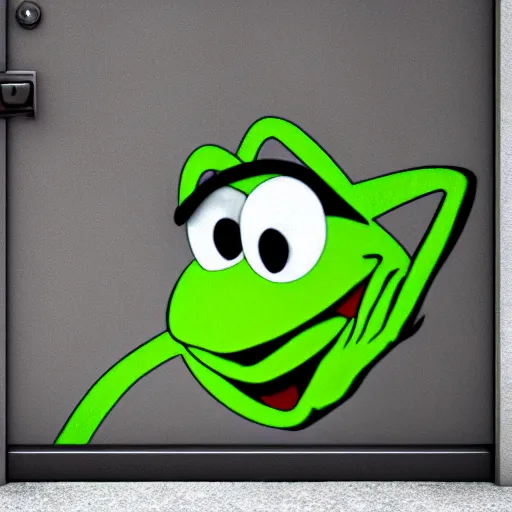 Image similar to street graffiti of kermit the frog sleeping in the doorway of an oppressive evil building. octane render 4 k