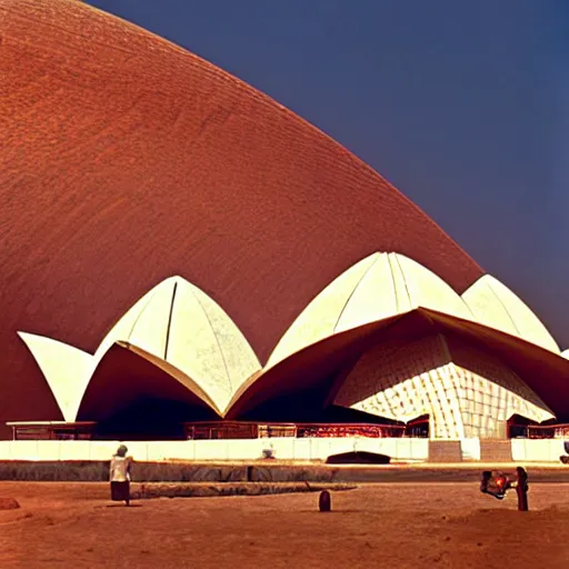 Prompt: futuristic lotus temple with gold, red and white marble panels, in the desert, by buckminster fuller and syd mead, intricate contemporary architecture, photo journalism, photography, cinematic, national geographic photoshoot