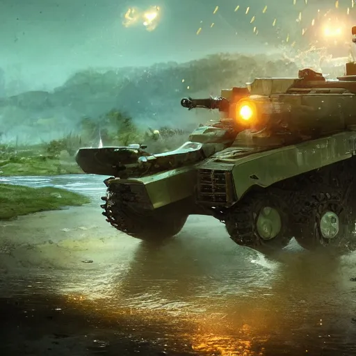 Image similar to amphibious mobile combat armor stepping out of a pond with a lazer rifle dripping water. film still. brightly lit scene. this 4 k hd image is trending on artstation, featured on behance, well - rendered, extra crisp, features intricate detail, epic composition and the style of unreal engine.