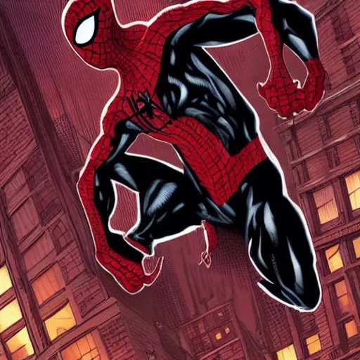 Image similar to carnage symbiote morphing in to spider man on a dark and stormy night in new york city