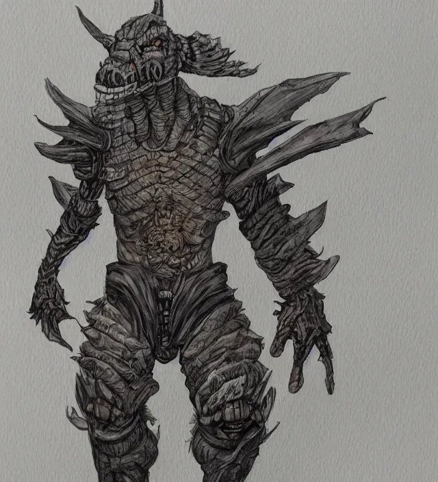 Image similar to a 3 / 4 view watercolor ink painting of a humanoid anthropomorphic glowing deathclaw dressed as a raider in the style of jean giraud in the style of moebius trending on artstation deviantart pinterest detailed realistic hd 8 k high resolution