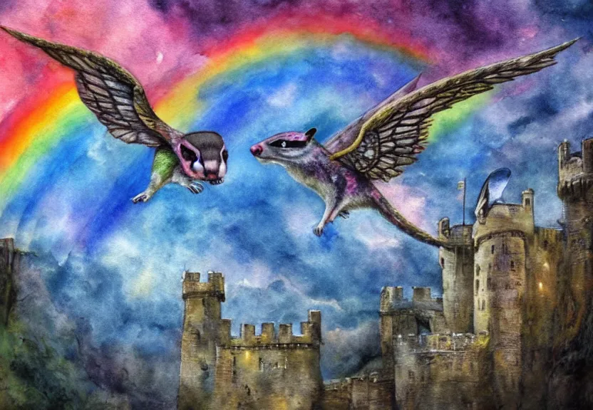 Image similar to legendary rainbow winged possum flying over a medieval castle at night under the dark starred sky, dark fantasy, watercolor, dreaming illusion, highly detailed, 4k, trending on Artstation