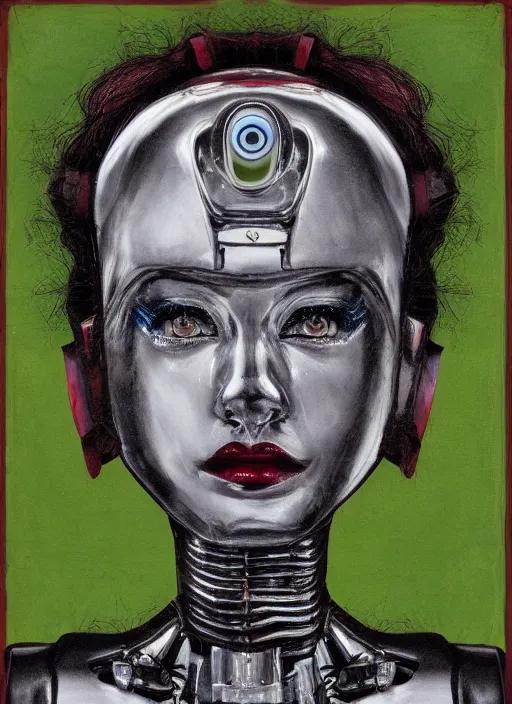 Prompt: portrait of robot queen with chrome headlight eyes