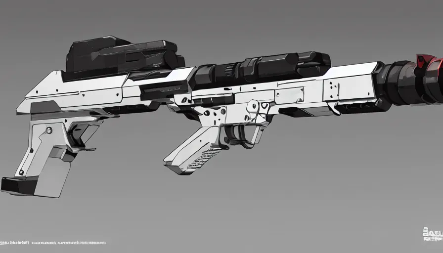 Prompt: extremely detailed realistic side view of a sci fi bullpup laser rifle, detailed pistol trigger, chemically propelled, massive battery, smooth streamline, battery and wires, railgun, chemrail, gauss, elegant sleek smooth body, white paint, sleek utopian design, ultra high quality, minimalist, octane, cod, fallout, warframe, terminator