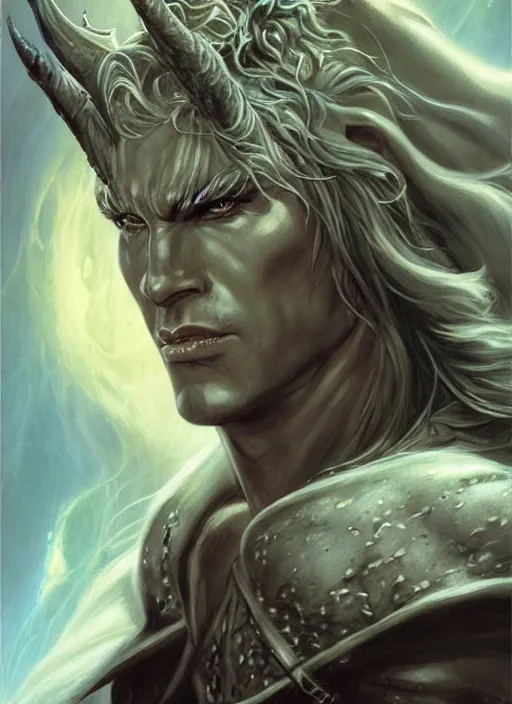 Image similar to a fantasy comic book style portrait of drizzt do'urden, oil painting by boris vallejo and julie bell and luis royo, full body portrait, hyper realistic, hd, intricate, elegant, character design, concept art, cinematic lighting