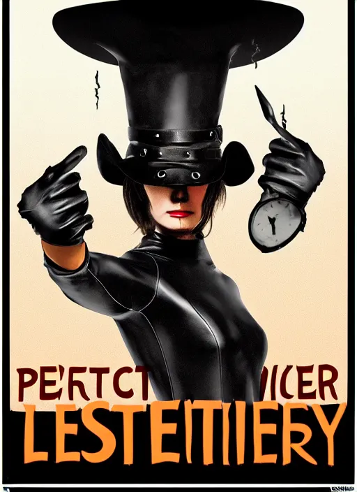 Prompt: perfectly centred realistic picture of a character dressed in leather tight suit and witch hat, dark,!! poster by waldemar swierzy, wiktor gorka, leszek zebrowski