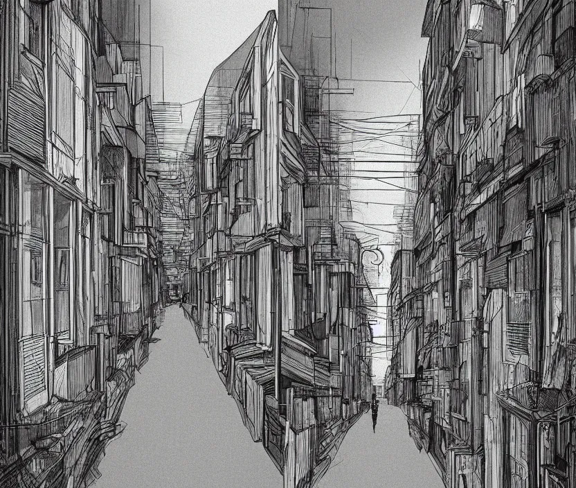 Prompt: A long hallway strip of tall houses on the left and right side of a neighborhood in the fall months, rotoscoped, rotoscope, photoshop, photomanipulation, realism, painting, illustration and sketch, weird scribbles, hybrid styles, hybrid art styles, mismatched, trending on artstation, trending on deviantart, weird, quirky, interesting, very detailed, highly detailed, HD Quality, 4k resolution, 8k resolution, colored with orange brown yellow and red, in the style of David Firth, in the style of James Lee, in the style of Drue Langlois,