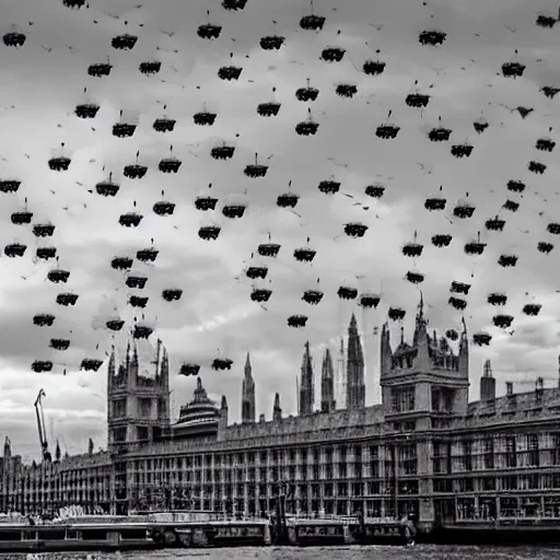 Image similar to a swarm of ufos flying over london