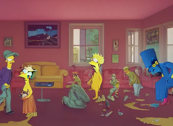 Prompt: a still from the tv series the simpsons by francis bacon, surreal forest, norman rockwell and james jean, greg hildebrandt, and mark brooks, triadic color scheme, by greg rutkowski, in the style of francis bacon and syd mead and edward hopper and norman rockwell and beksinski, dark surrealism, open ceiling