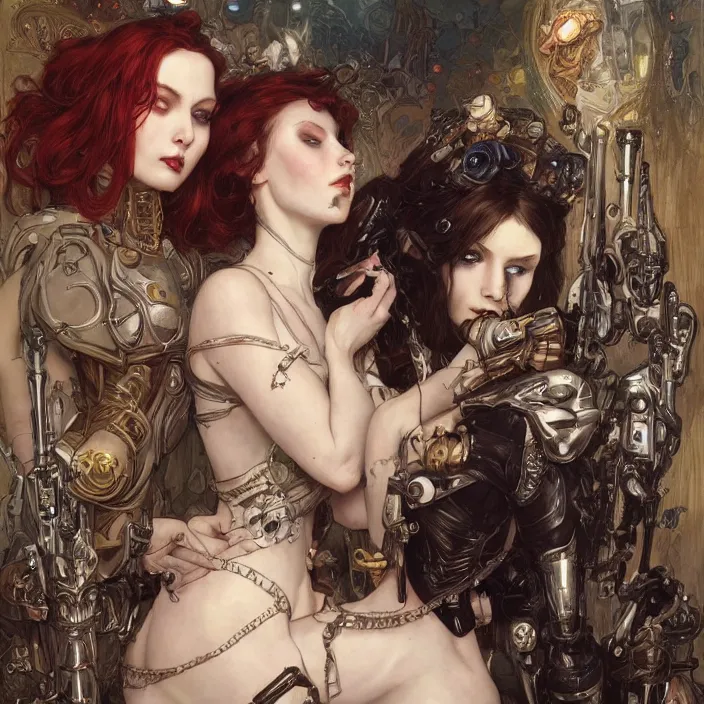 Image similar to portrait of two beautiful pale gothic cyborg maidens kissing, warhammer 40000, cyberpunk, intricate, elegant, highly detailed, digital painting, artstation, concept art, smooth, sharp focus, illustration, art by artgerm and greg rutkowski and alphonse mucha and Gustav Klimt