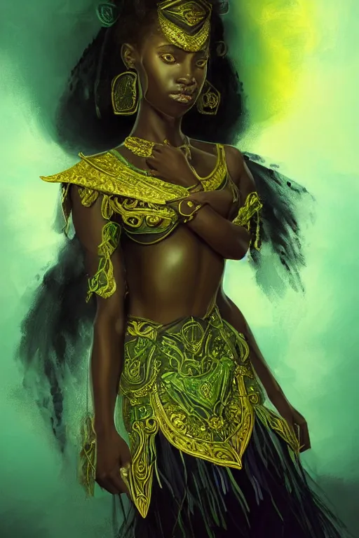 Image similar to portrait of a black princess warrior , fantasy, gradient black green gold, dreamy and ethereal, green eyes, golden ratio, peaceful expression, ornate frilly dress, fantasy, intricate, elegant, rainbow splash of ink, highly detailed, digital painting, artstation, concept art, smooth,b sharp focus, illustration, art by artgerm and greg rutkowski and alphonse mucha