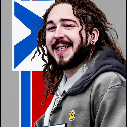 Image similar to a closeup photorealistic illustration of post malone delivering mail as american mail carrier with blue bag. fine detail. this 4 k hd image is trending on artstation, featured on behance, well - rendered, extra crisp, features intricate detail, epic composition and the style of unreal engine.