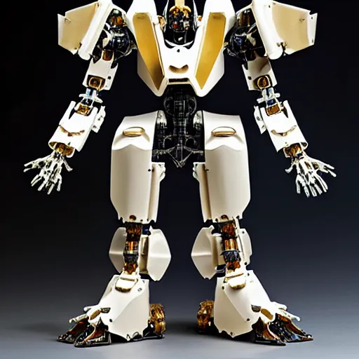 Image similar to mecha carved obsidian mechanical exoskeleton wearing hardsurface armour, inlaid with ivory and gold accents, rococo, by spider zero, frank gehry, jeff koons, bandai box art, in the style of john berkey, norman rockwell, ivan shishkin