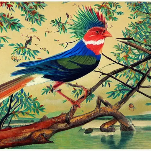 Image similar to A beautiful experimental art of a bird in its natural habitat. The bird is shown in great detail, with its colorful plumage and intricate patterns. The background is a simple but detailed landscape, with trees, bushes, and a river. graffiti by Akihiko Yoshida, by Zinaida Serebriakova dull, aesthetic