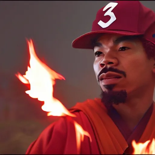 Image similar to cinematic film still of Chance The Rapper starring as a Samurai holding fire, Japanese CGI, VFX, 2022, 40mm lens, shallow depth of field, film photography