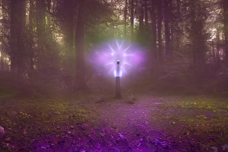 Image similar to A cosmic portal in an enchanted forest. Cinematic lighting. Photorealism.