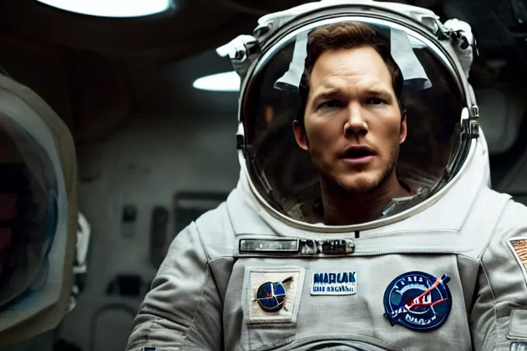 Prompt: medium shot of Chris Pratt as an astronaut in Interstellar (2014 film), detailed face, movie still, promotional image, imax 70 mm footage