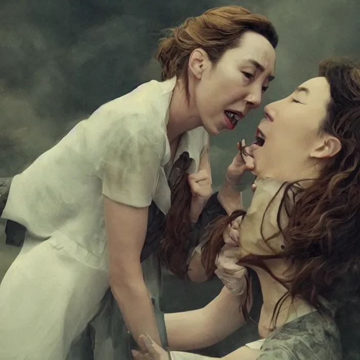 Image similar to jodie comer and sandra oh making out scene in tv series kill eve by greg rutkowski