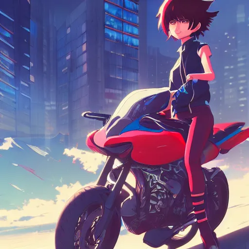 Image similar to anime style akira key character and motorcycle city landscape, 4k, anime key visual, lois van baarle, ilya kuvshinov, rossdraws, artstation