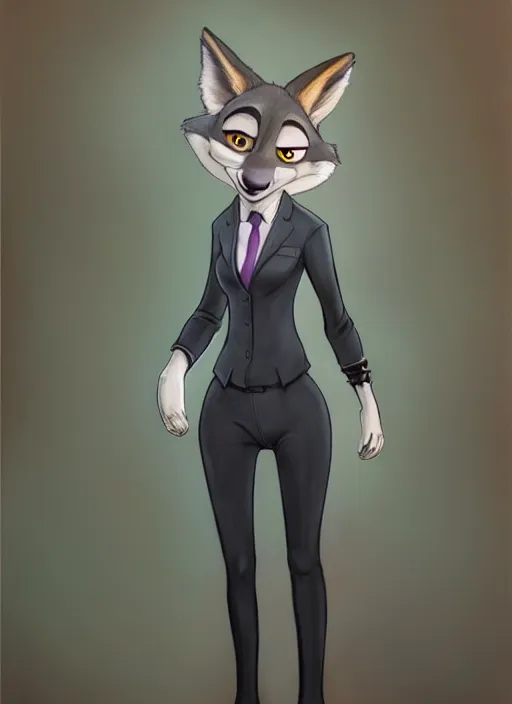 Image similar to oil painting of detailed full body of anthromorphic female wolf, in style of zootopia, zootopia, zootopia, fursona, furry, furaffinity, 4 k, deviantart, furry art, fursona art, wearing black business suit, business suit, in style of zootopia, wolf fursona, cyberpunk, female, expressive detailed feminine face,