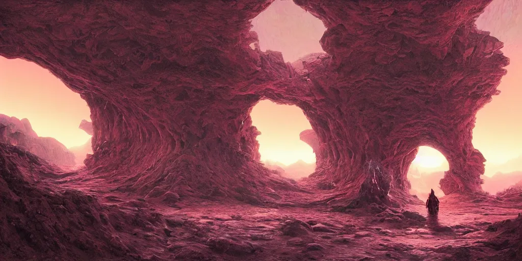 Prompt: lone wanderer in a highly detailed surreal cinematic cave entrance in a scifi landscape, psychedelic, amazing, by feng zhu, wayne barlowe, perfect geometry, hyper - detailed, sharp, beautiful, desaturated, beautiful lighting, oil on canvas, sunset