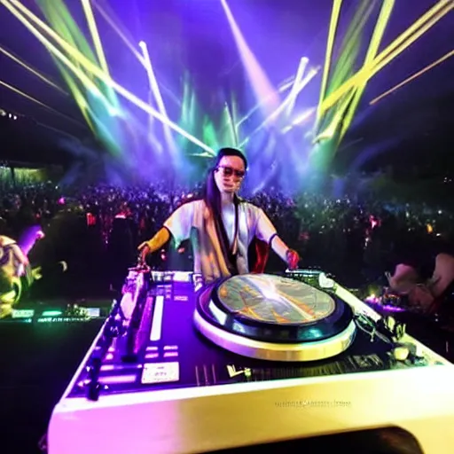 Image similar to DJ King Bhumibol spinning turntables during edm concert, photo, high quality