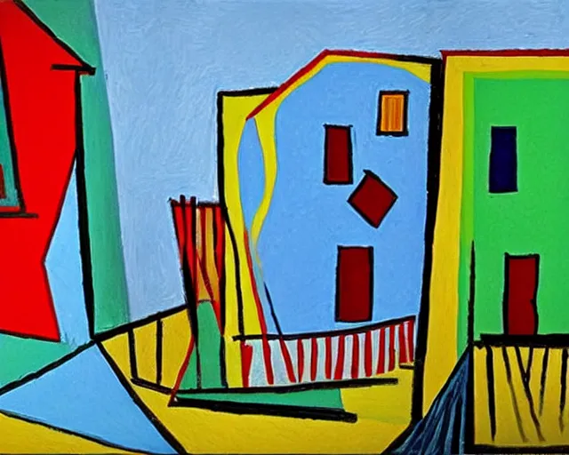 Prompt: small house attached to a hundred balloons, painted by picasso