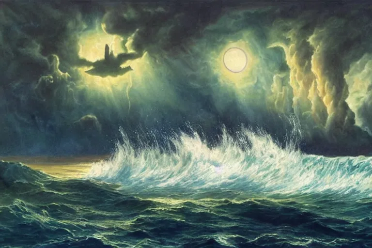 Prompt: miskatonic university big bang seascape in the style of dr. seuss,'harry potter directed by christopher columbus ', painting by albert bierstadt